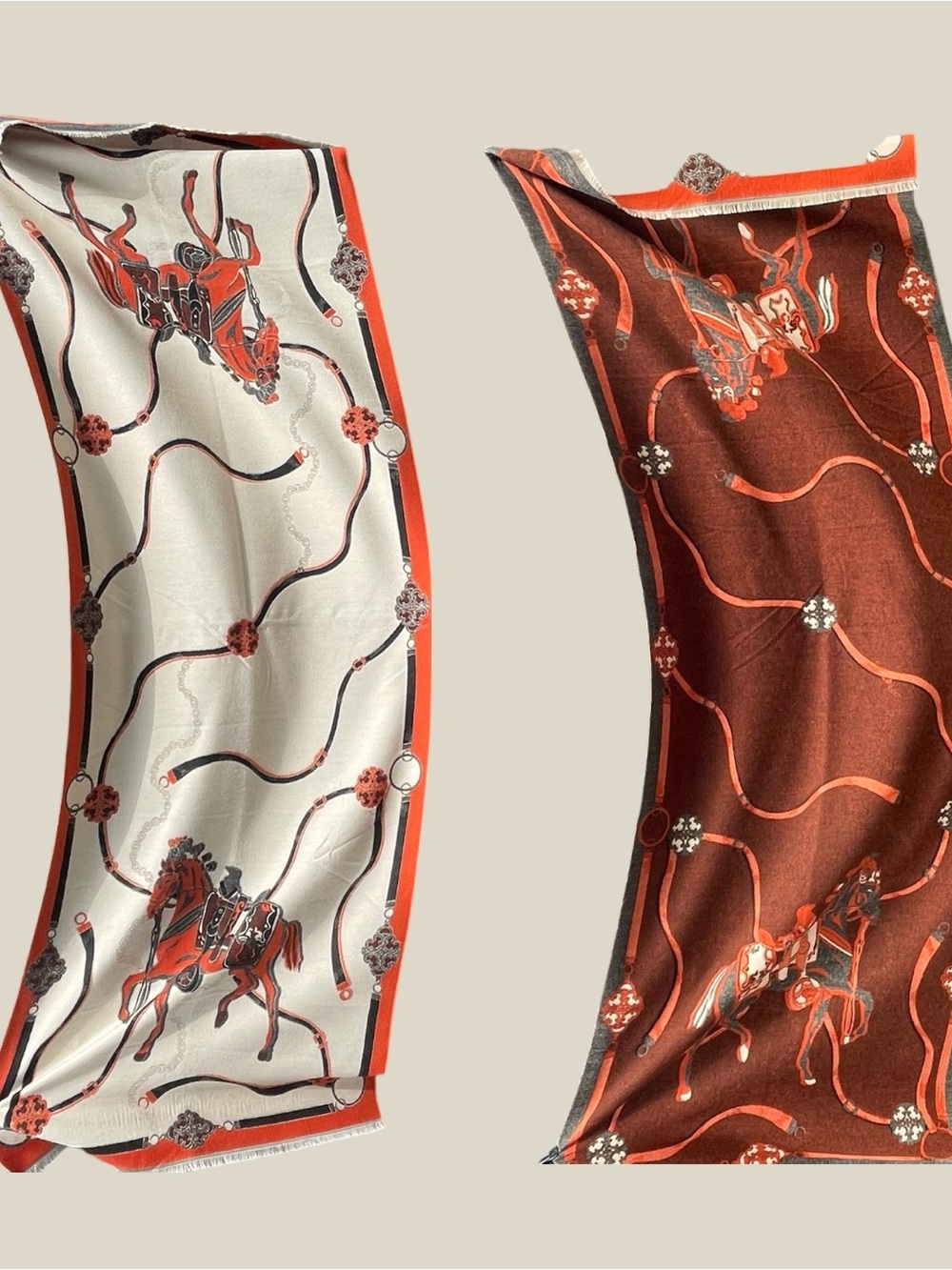 Equestrian Print Wrap/pashmina/Scarf - Ivory & Rust.   Cashmere feel